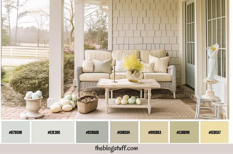 A neutral color porch with a couch and table with Easter decorations