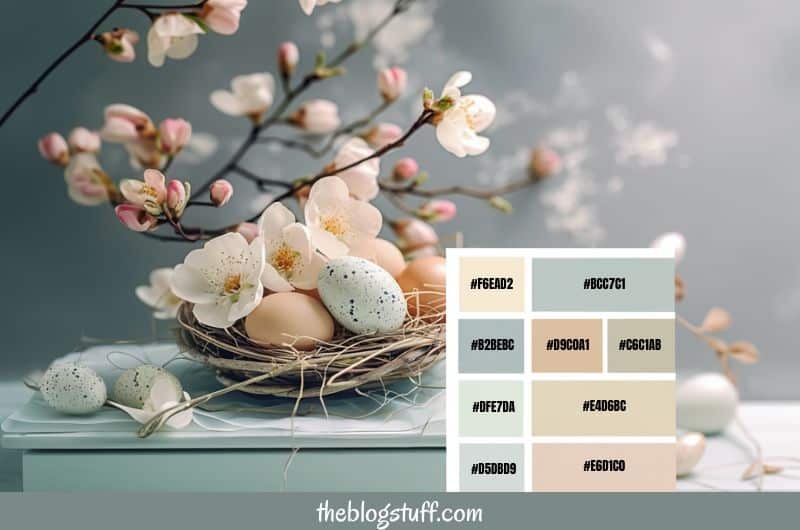 Easter eggs and flowers on a wicker basket