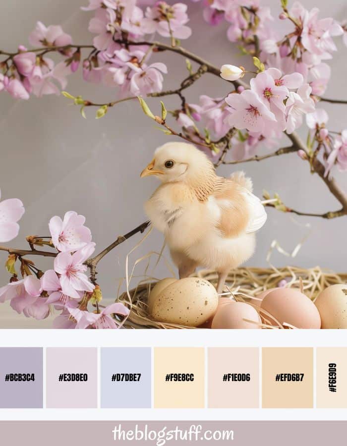 An Easter chick on top of a basket with eggs and purple flowers