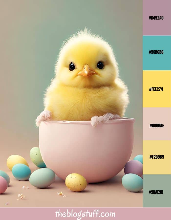 A cute chick tucked inside a pink egg surrounded with Easter eggs 