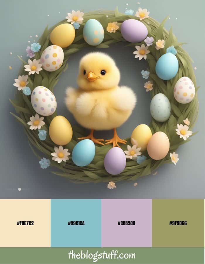 An Easter wreath decorated with Easter eggs and a cute chick