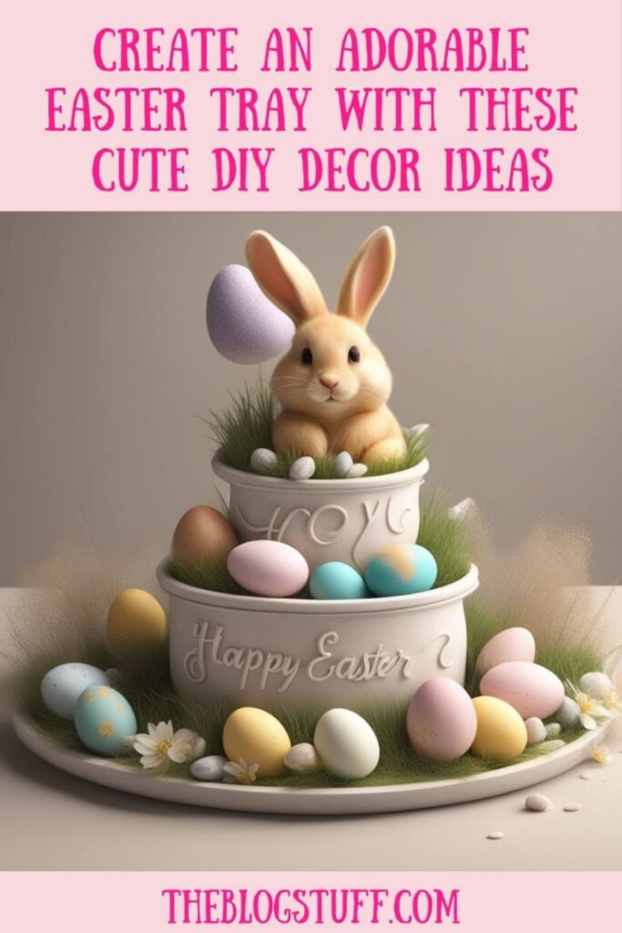 An Easter tray decorated with eggs, grass, flowers, and a bunny on the top tier.