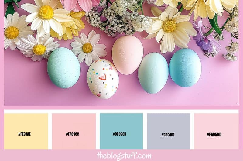 Pastel Easter eggs with daisies on a pink background