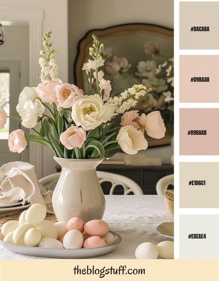 A farmhouse table with a vase with roses and Easter eggs on plates