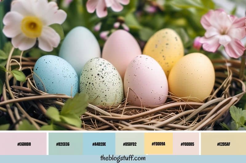 Easter eggs over a wicker basket and pink flowers