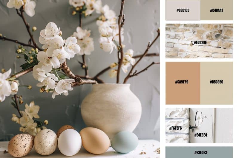 A rustic vase with white flowers and Easter eggs