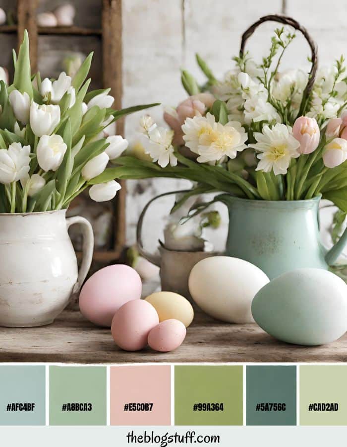 Rustic vases with flowers and Easter eggs