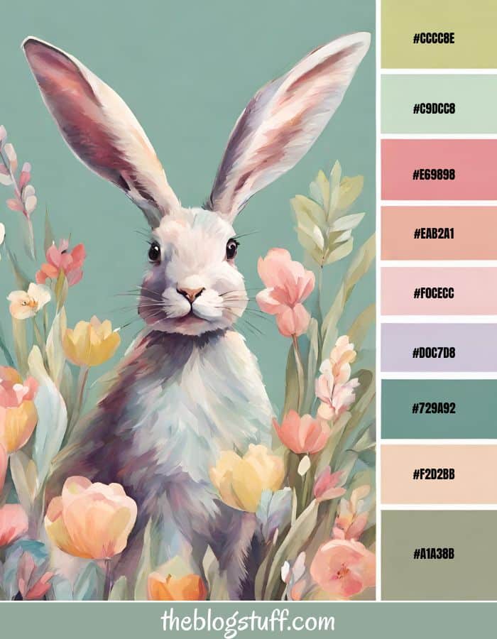 A water color rabbit with watercolor flowers representing Easter colors