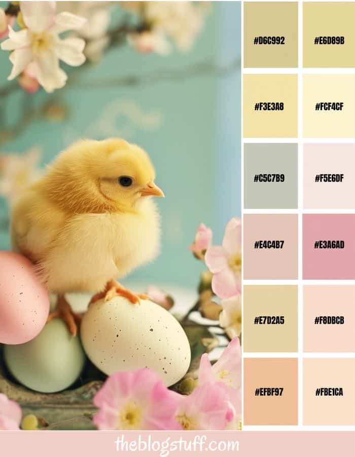 A chick on top of Easter eggs on a basket and a pastel color palette