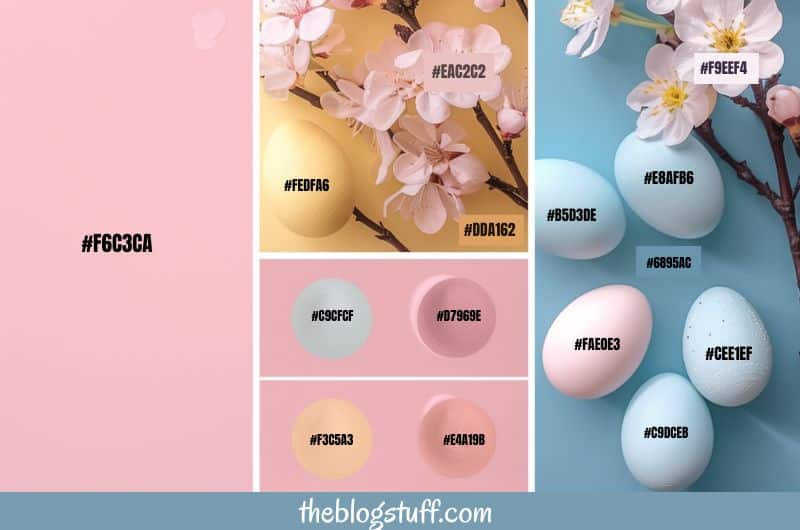 Pastel Easter eggs with pink flowers on a pink , yellow and blue backgounds