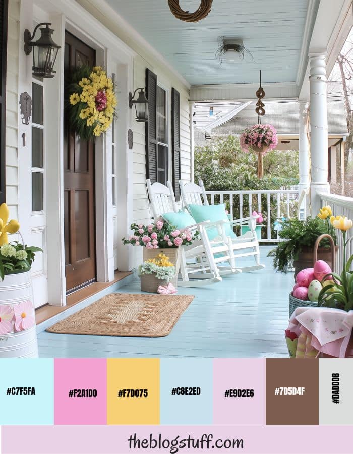 A colorful porch decorated with Easter  ornaments