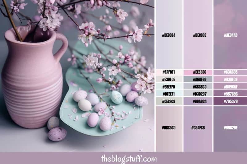 Purple vase with purple flowers and Easter eggs with a purple color palette