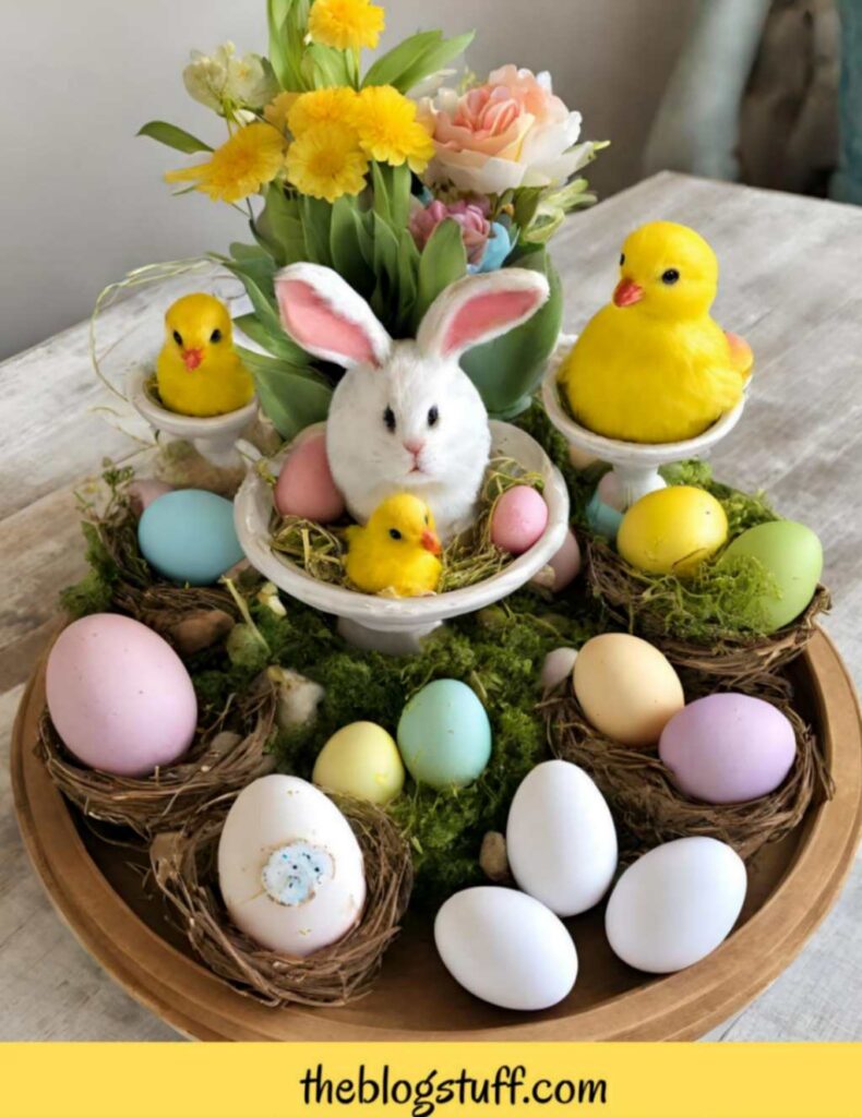 round Easter tray chicks bunny flowers