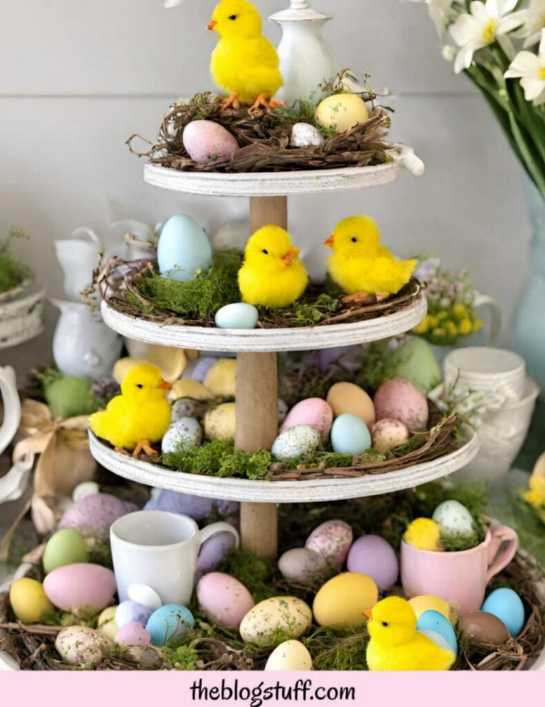 rustic 4 tier tray Easter chicks eggs decor