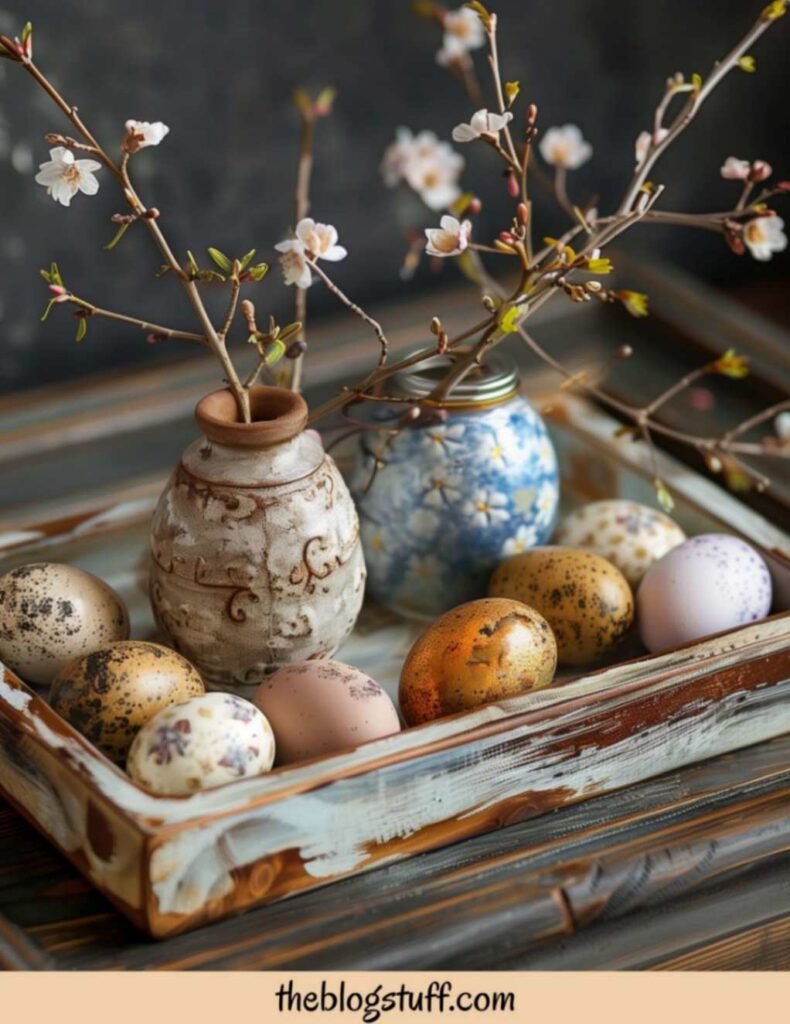 square tray with vases flowers and Easter decorative eggs