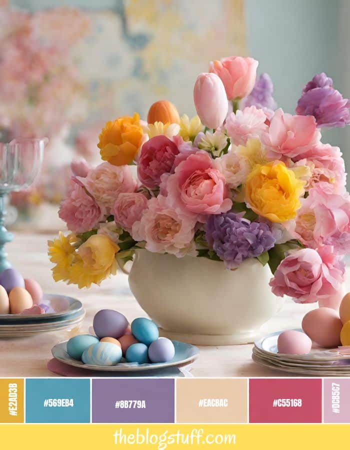 Watercolor flowers and a vase on a table with easter eggs on plates