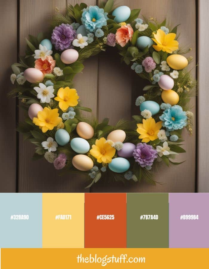 A colorful Easter wreath with flowers and eggs