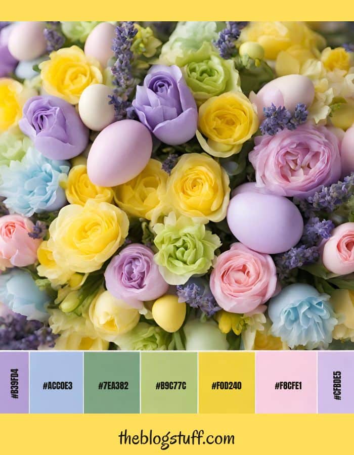 A view of colorful Easter eggs and flowers