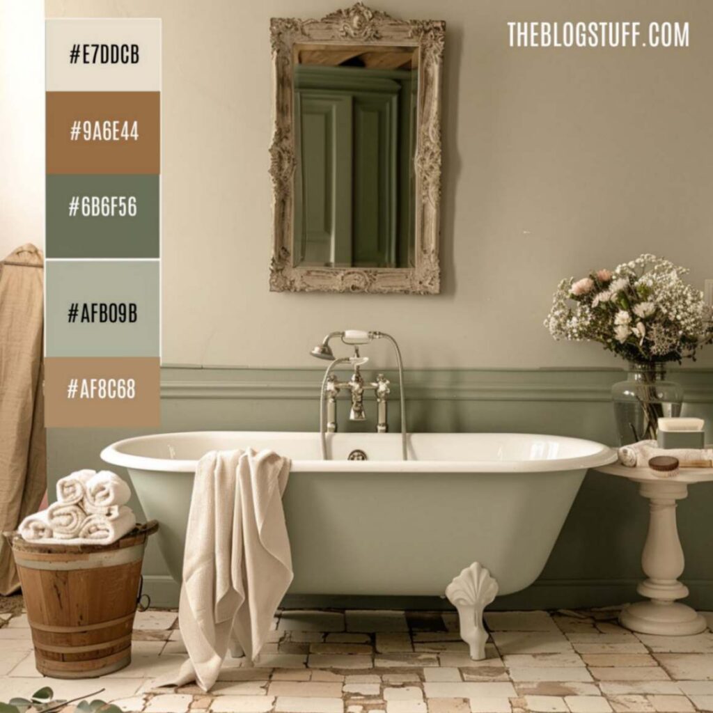 Freestanding bathtub with a mirror and a wooden bucket with rolled towels