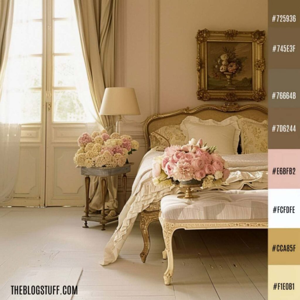 A bedroom in soft pastels and pink with beautiful flowers in a vase and a color palette for French country decor