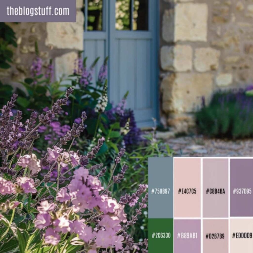 Home exterior blue door with vibrant lavender flowers and stone waal