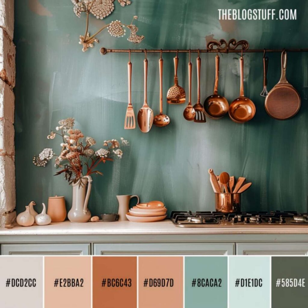 French country decor copper kitchen utensils on a green background wall