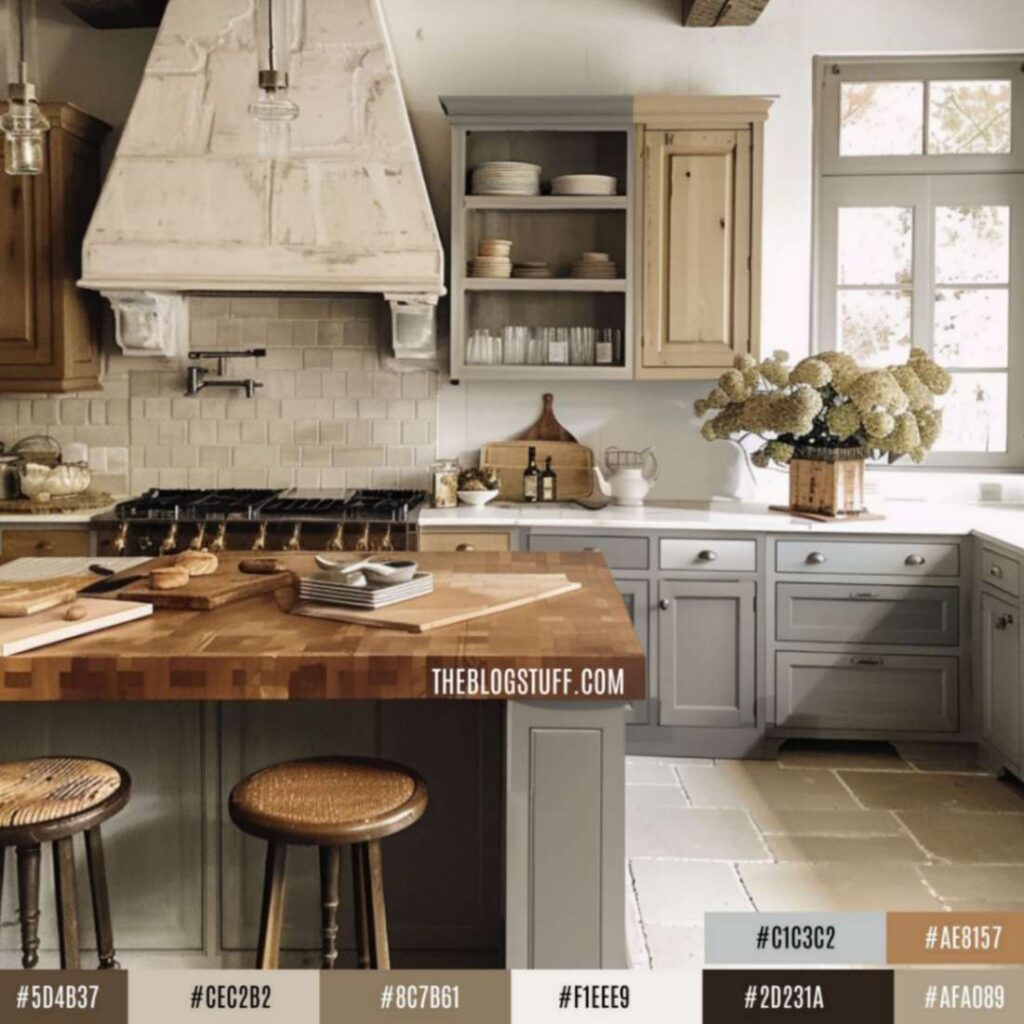 Kitchen decorated in neutral colors with an island and stools