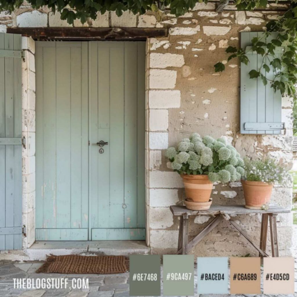 French country home exterior with a green door and plants