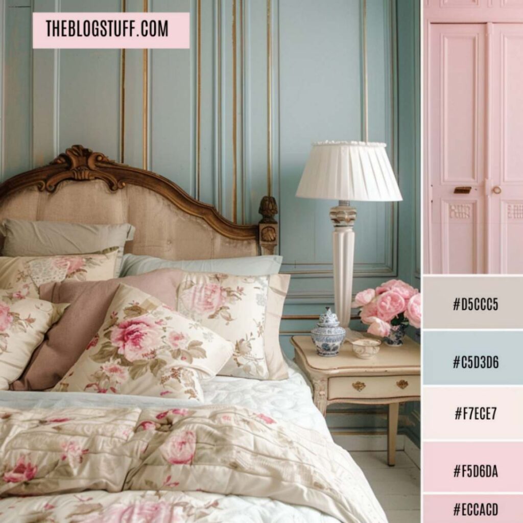 Patterned bedding with floral designs in pink imitating the French country decor style