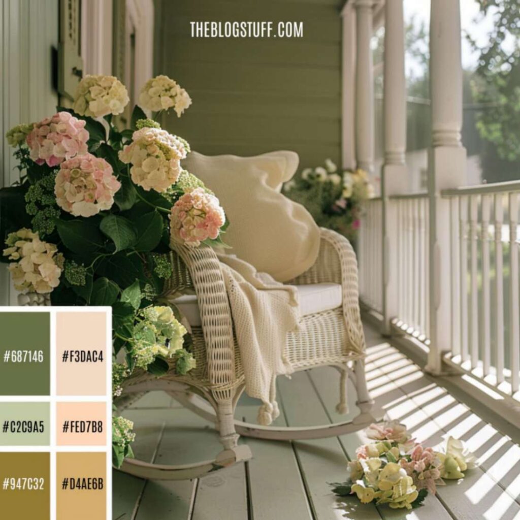  French country decor porch with a rocking chair and plants in subtle greens and creams