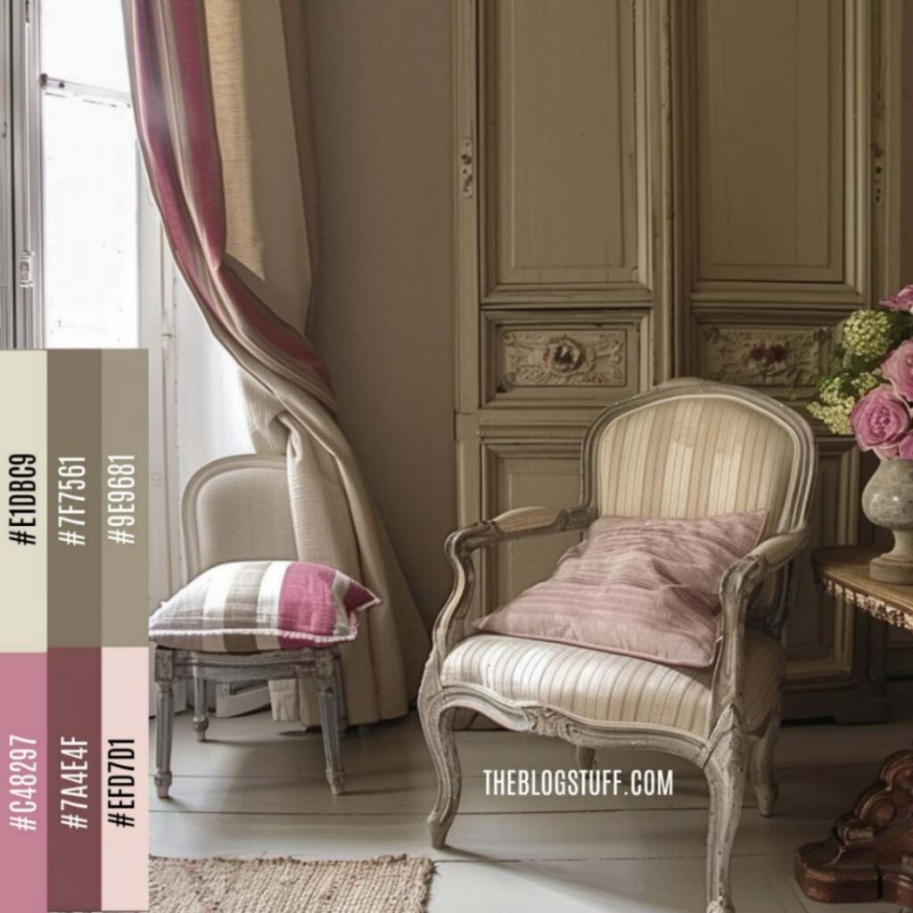 French country armchair in a living room corner with a curtain and a table