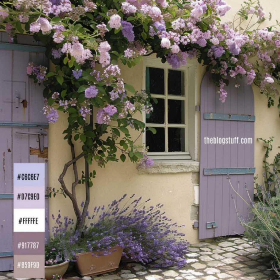 Lavender-painted door and flowers decorated in French country style