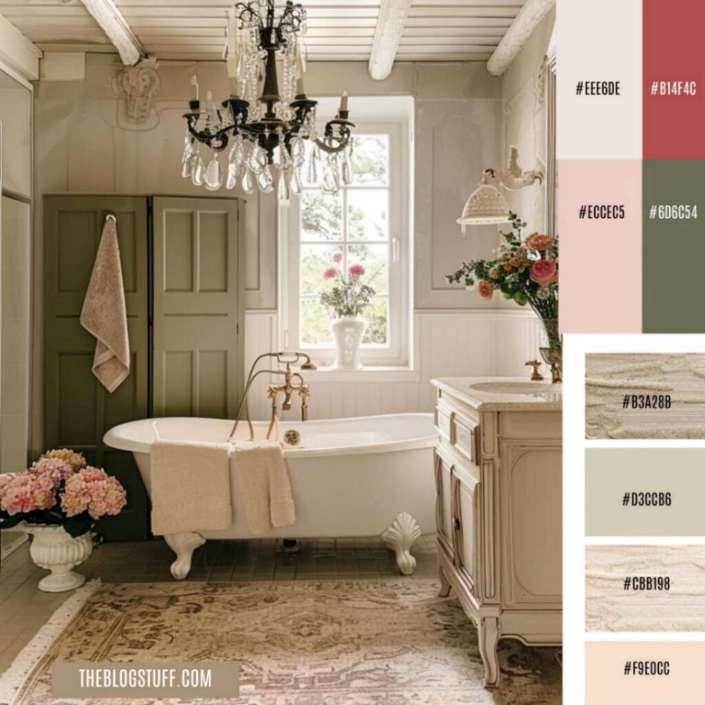 A French country bathroom with a freestanding bathtub, black chandelier, a cabinet, carpet, flowers and a window.