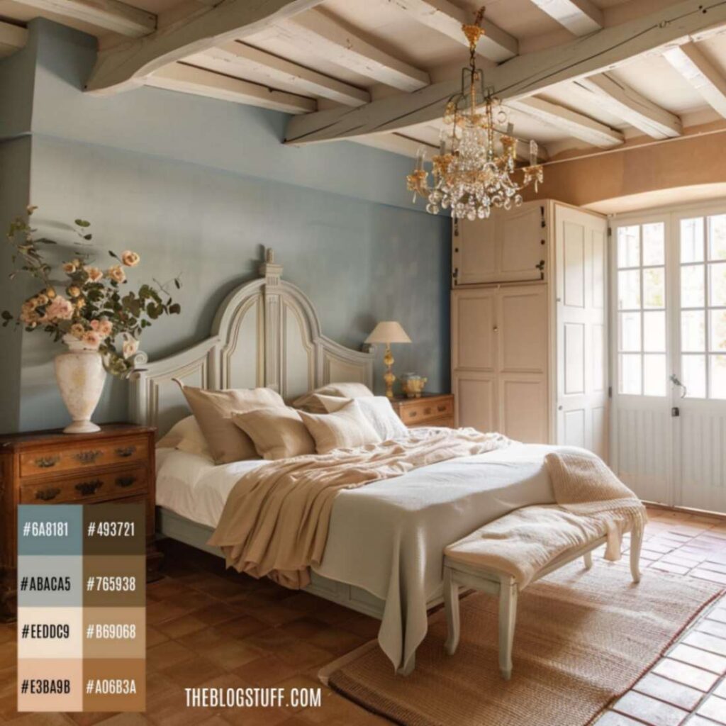 A bedroom with exposed wooden beams decorated in French country decor style