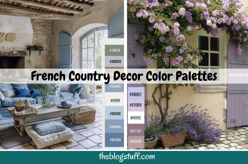 2 images with French country decor color palettes: A country living room in blue shades and a  violet porch with lilac flowers and lavender