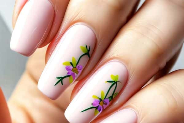 Long pale pink nails with purple and yellow blooms desing in 2 of the nails