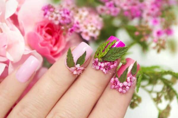 3d flowers and leaves square nails in pale and hot pink