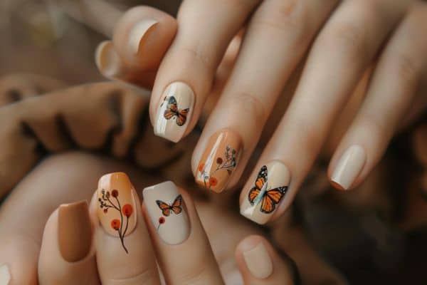 Short orange and beige nails with orange butterflies in some of the nails