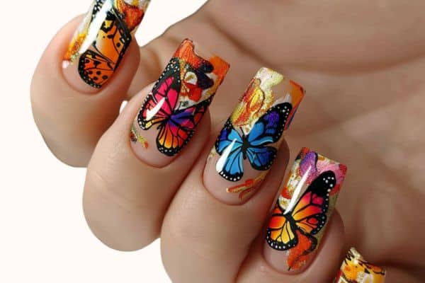 Long colorful square butterfly nails 