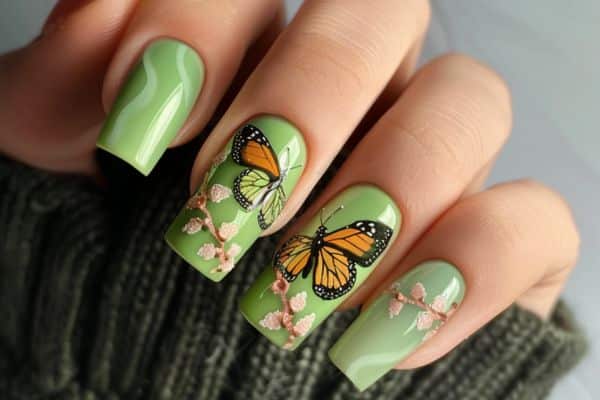 Long green square nails with orange butterflies in two of the nails