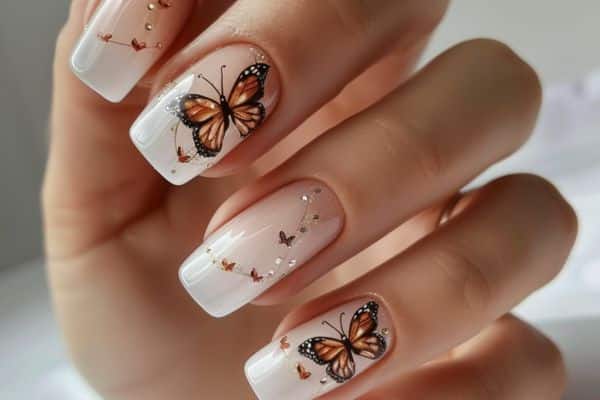 Long clear square nails with orange and black butterflies