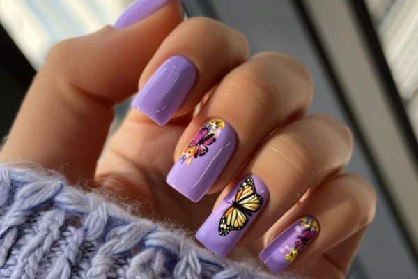 Long square lavender nails with a butterfly design in some of the nails