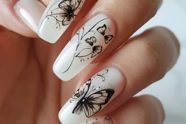 Long white nails with black butterfly art