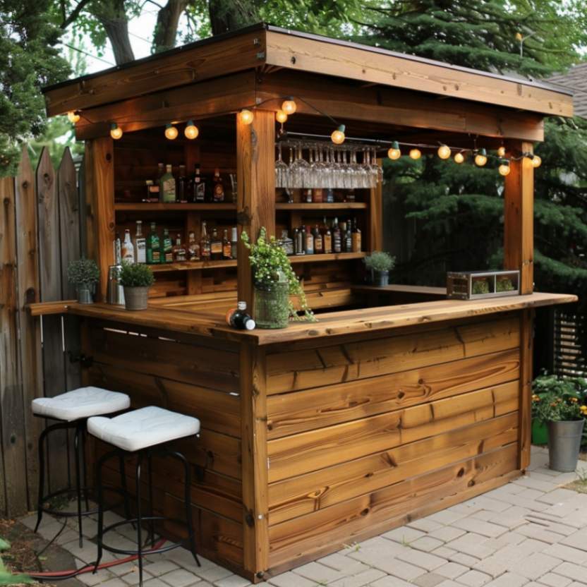 Wooden outdoor bar with bottles, glasses, chairs and string lights