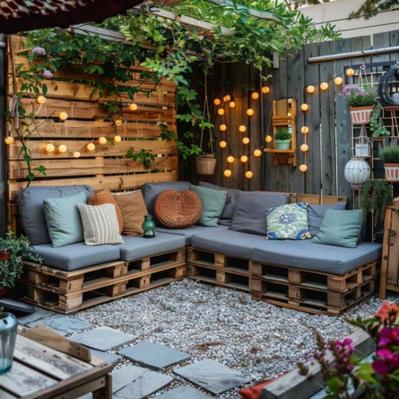 Backyard with seating area made with pallets 