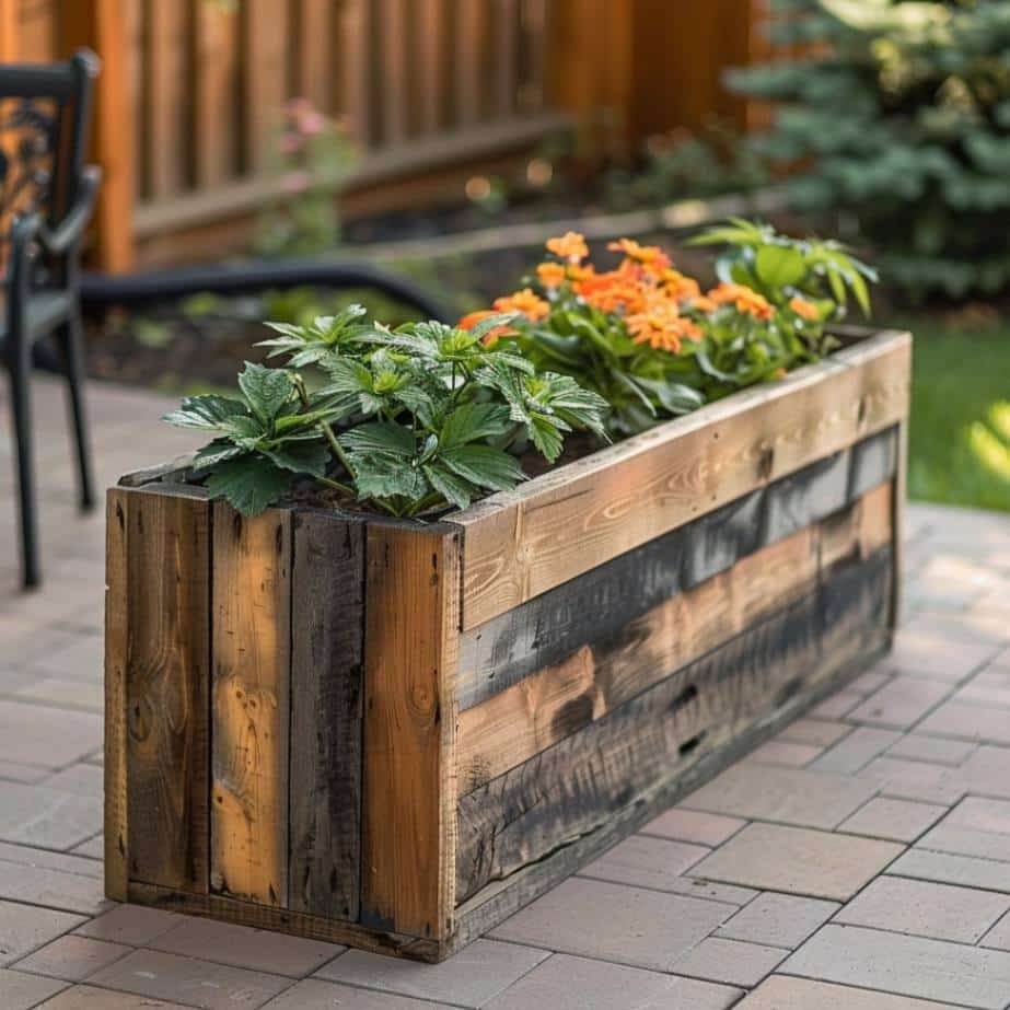 DIY wooden planter box with flowers and plants