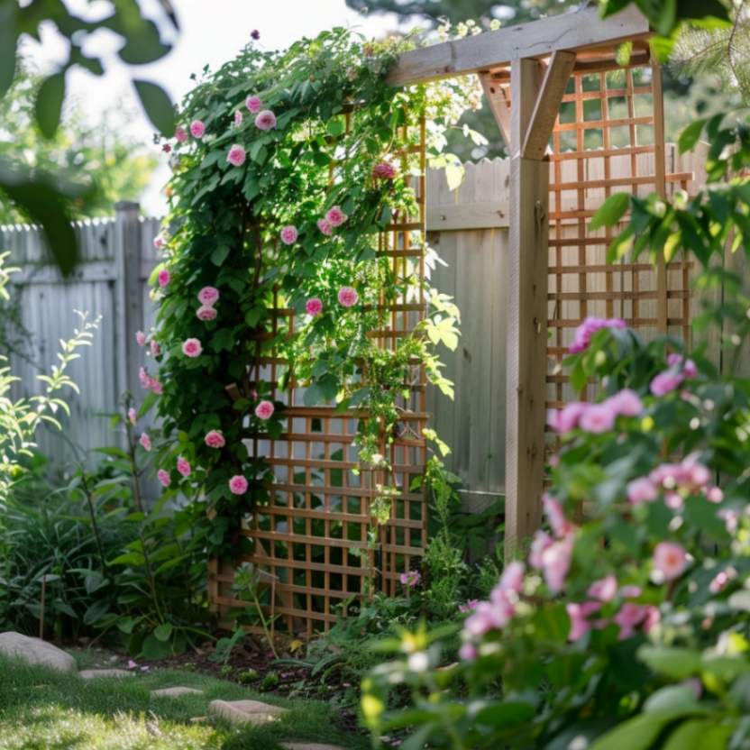 DIY trellis with roses in a backyard