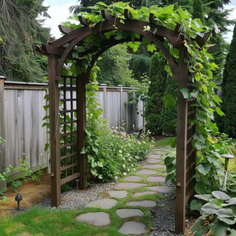 A garden arch with greenery on a backyard