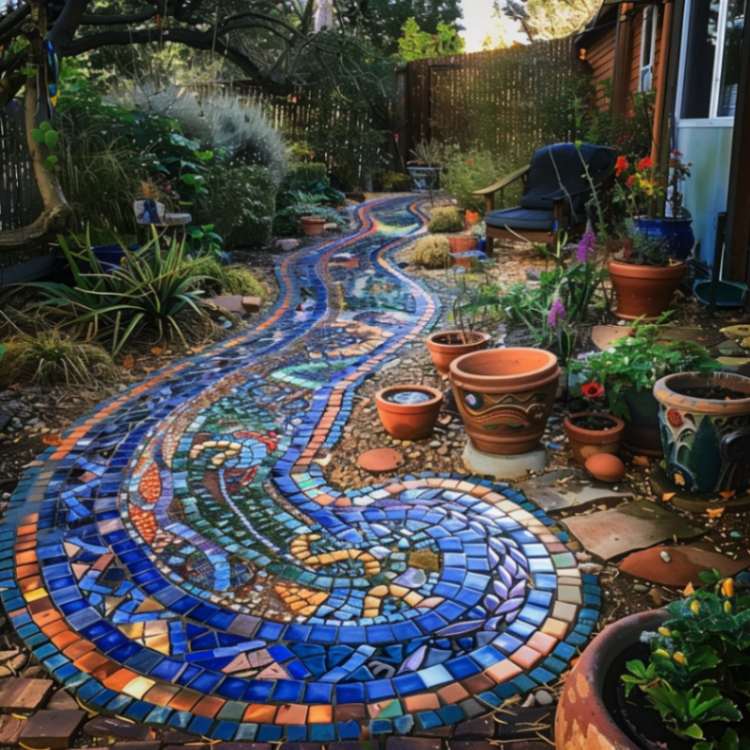 Colorful mosaic pathway on a smalll backyard