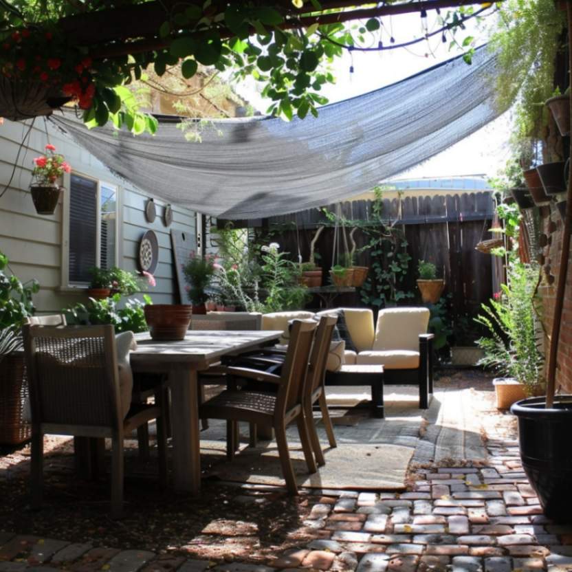 A tarp for shade with garden furniture and plants in a small patio